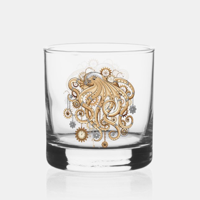 Octopus Steampunk Retro Mechanical Fantasy Whiskey Glass (Front)