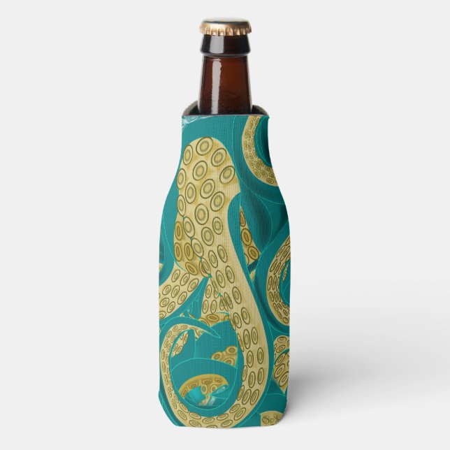Octopus Teal Gold Bottle Cooler (Bottle Front)