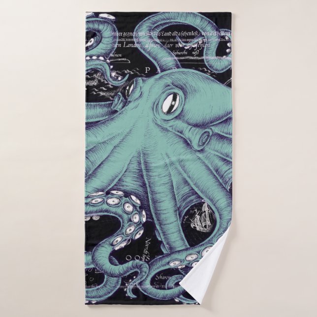 Octopus Teal vintage map Ink Bath Towel Set (Bath Towel)
