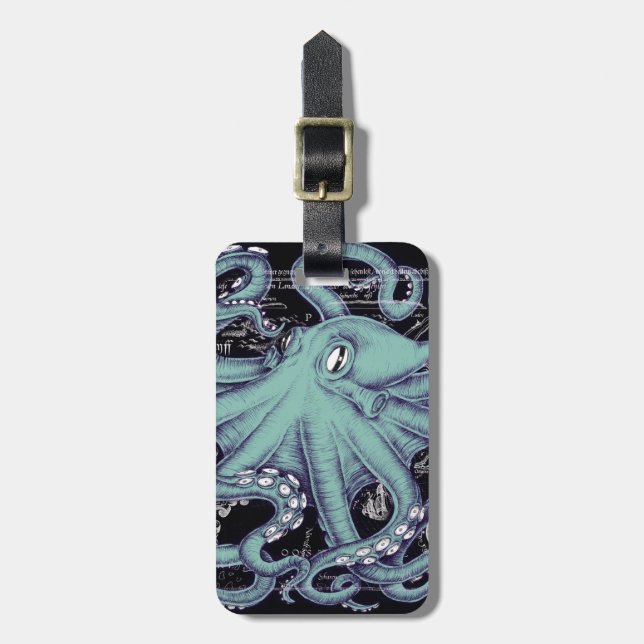 Octopus Teal vintage map Ink Luggage Tag (Front Vertical)