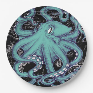 Octopus Teal vintage map Ink Paper Plate