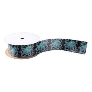 Octopus Teal vintage map Ink Satin Ribbon