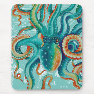 Octopus Teal Vintage Map Watercolor Mouse Pad