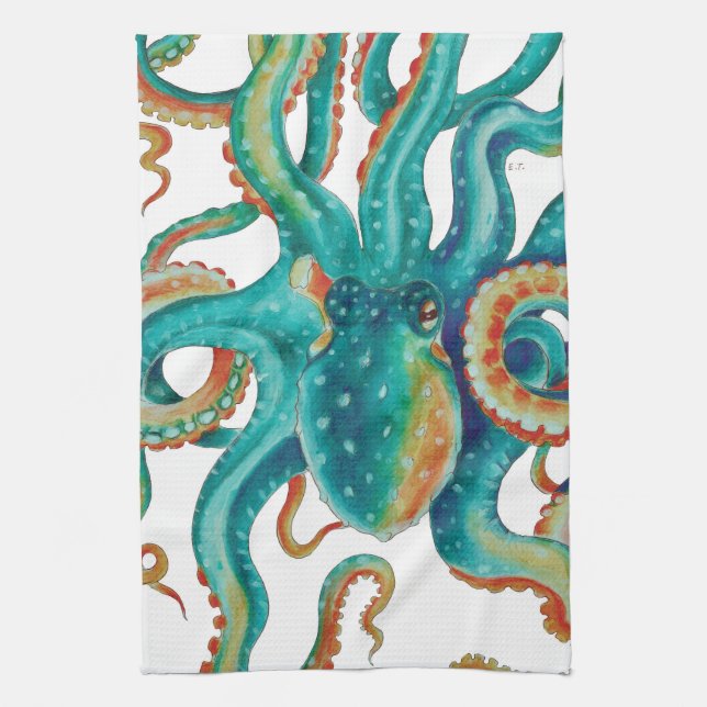 Octopus Teal Watercolor Art Tea Towel (Vertical)