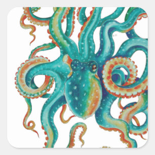 Octopus Teal Watercolor Tentacles Watercolor Square Sticker