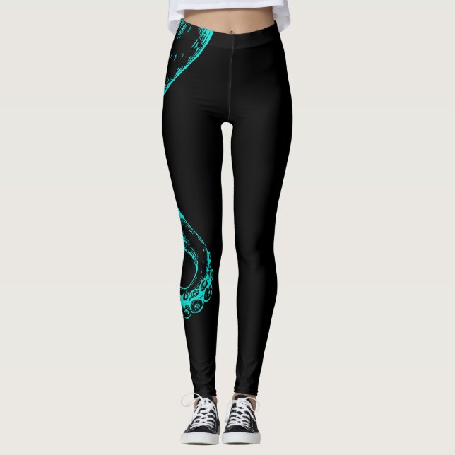 octopus tentacles aqua on black leggings (Front)