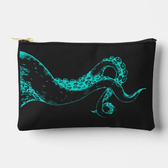 octopus tentacles aqua on black pouch (Front)