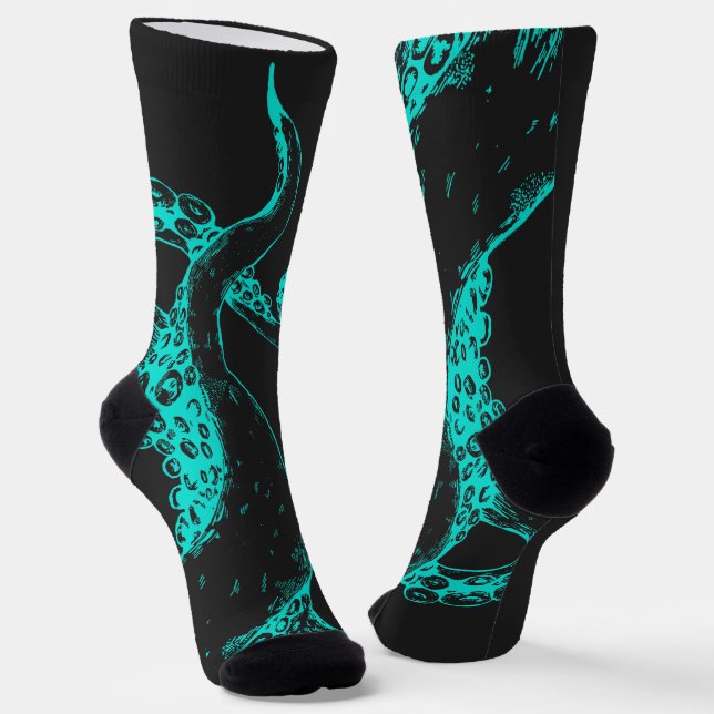 octopus tentacles aqua on black socks (Angled)