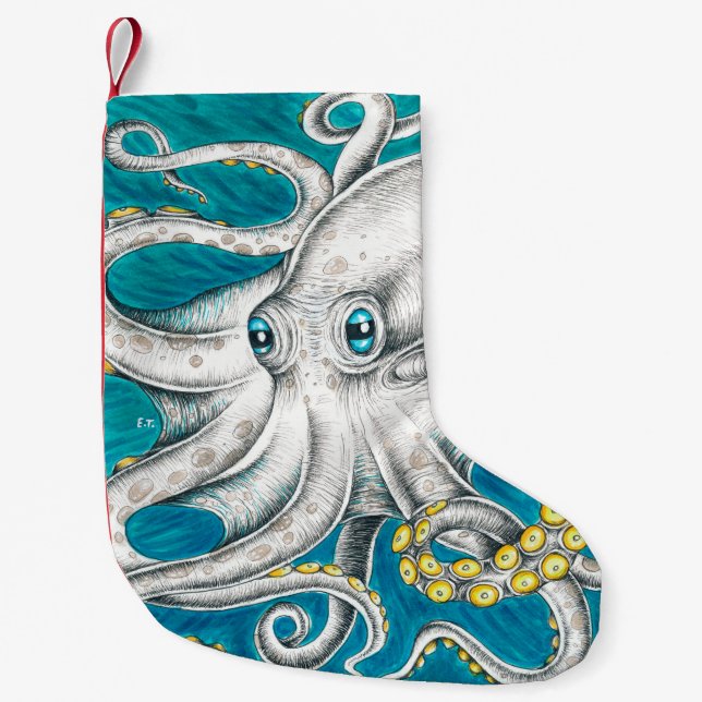 Octopus Tentacles Green teal ink Small Christmas Stocking (Front)