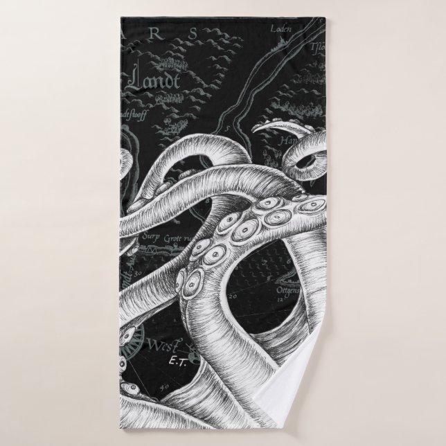 Octopus Tentacles Vintage Map Black Bath Towel Set (Bath Towel)
