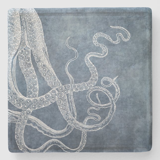 Octopus Twilight Blue Denim Watercolor Art Stone Coaster (Front)