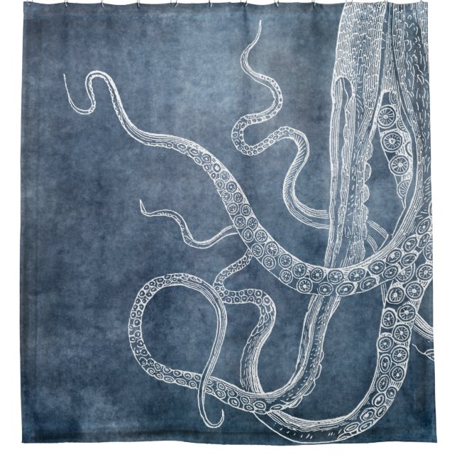 Octopus - Twilight Blue Faded Denim Watercolor Art Shower Curtain (Front)