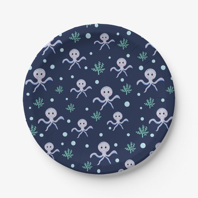 Octopus under the sea kids pattern paper plate (Front)