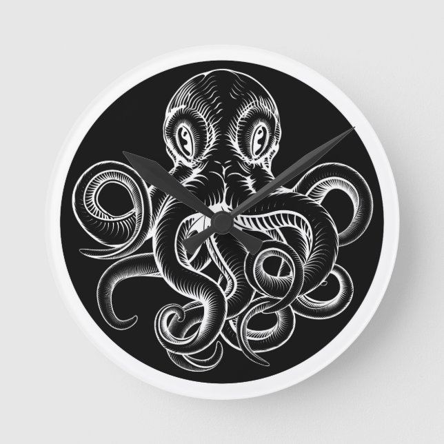 Octopus vintage woodcut engraved etched style round clock (Front)
