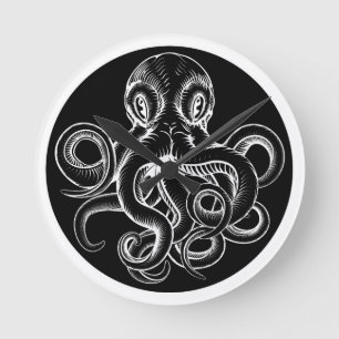 Octopus vintage woodcut engraved etched style round clock