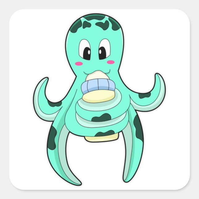 Octopus with Bottle of Milk Square Sticker (Front)