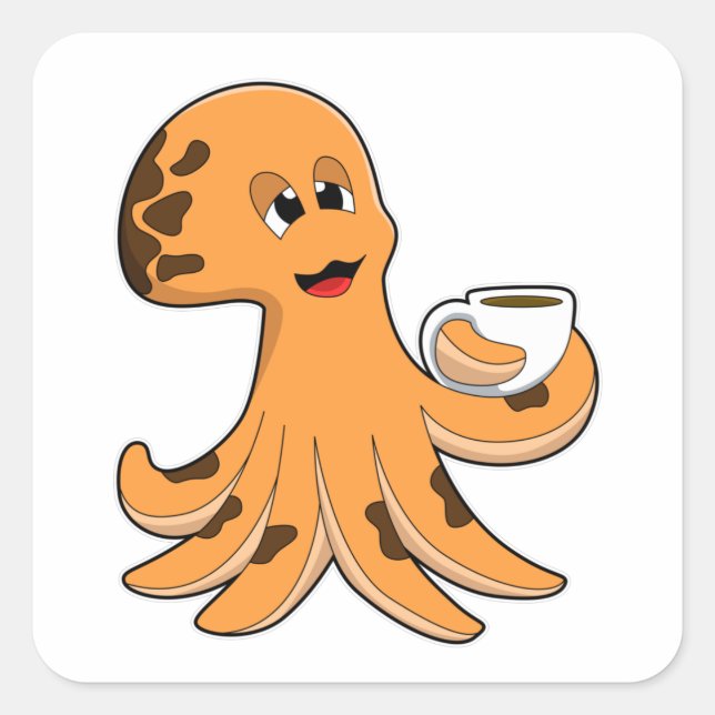 Octopus with Cup of Coffee Square Sticker (Front)