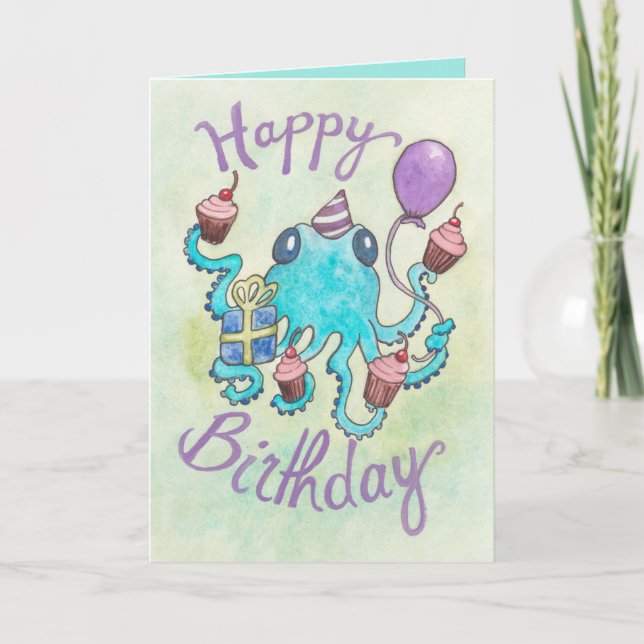 Octopus with Cupcakes Birthday Card (Front)