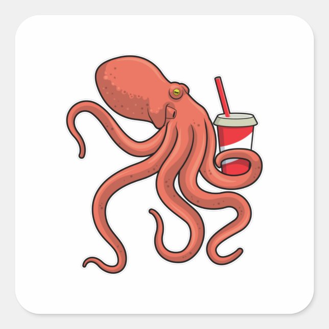 Octopus with Drink Square Sticker (Front)