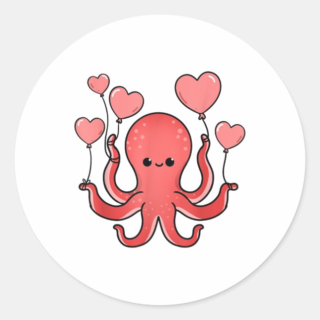 Octopus With Heart Balloons Valentines Day Octopus Classic Round Sticker (Front)