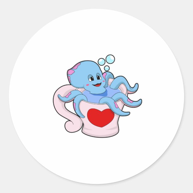 Octopus with Heart Cup.PNG Classic Round Sticker (Front)