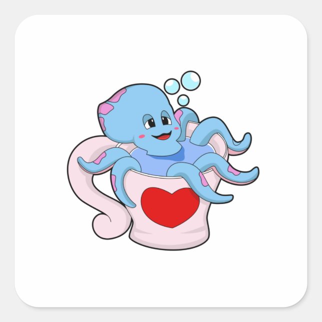 Octopus with Heart Cup.PNG Square Sticker (Front)