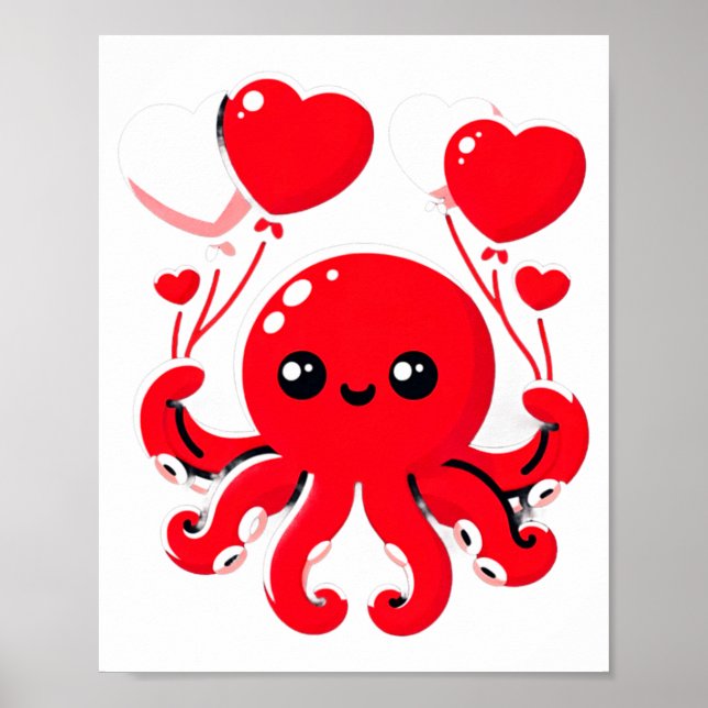 Octopus With Heart Lloons Adorable Valentines Day  Poster (Front)