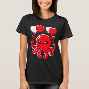 Octopus With Heart Lloons Adorable Valentines Day T-Shirt