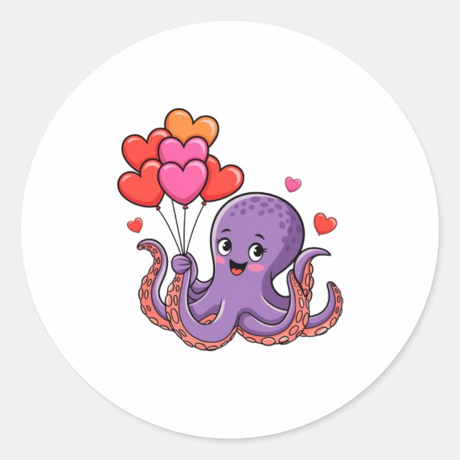 Octopus With Heart Lloons Valentine Day  Classic Round Sticker (Front)