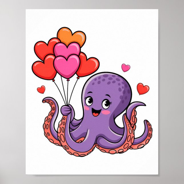 Octopus With Heart Lloons Valentine Day  Poster (Front)