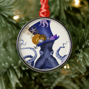 Octopus with Nautical Hat Metal Tree Decoration