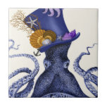 Octopus with Nautical Hat Tile<br><div class="desc">Octopus Nautical Hat by Fab Funky. Features a fancy octopus with a fun,  nautical-themed tophat adorned with sealife.|191004D</div>