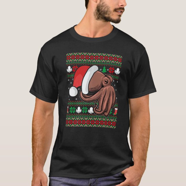 Octopus With Santa's Hat Christmas Style Xmas T-Shirt (Front)
