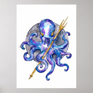 Octopus with Trident Watercolor Poster