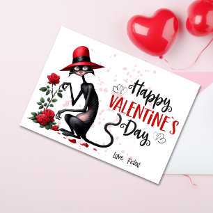 Odd Black Cat With Red Hat Happy Valentines Day  Holiday Card