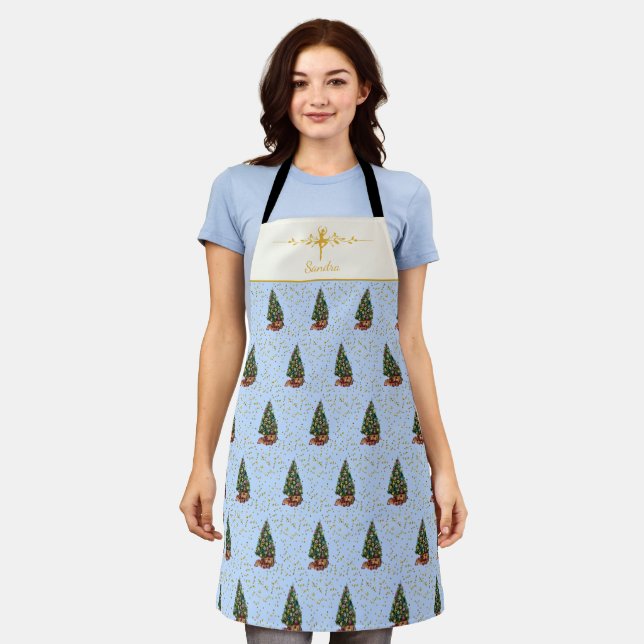 Ode to The Nutcracker Blue Tree Gold Accent Apron (Worn)