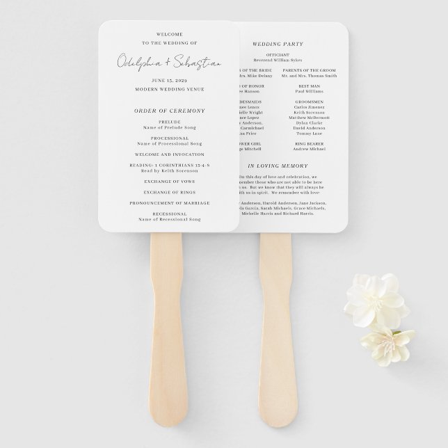 Odelphia Modern Script Elegant Wedding Program Hand Fan (Front and Back)