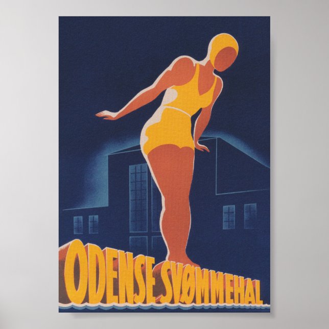 Odense Denmark, Swimmer, Vintage Travel Poster (Front)