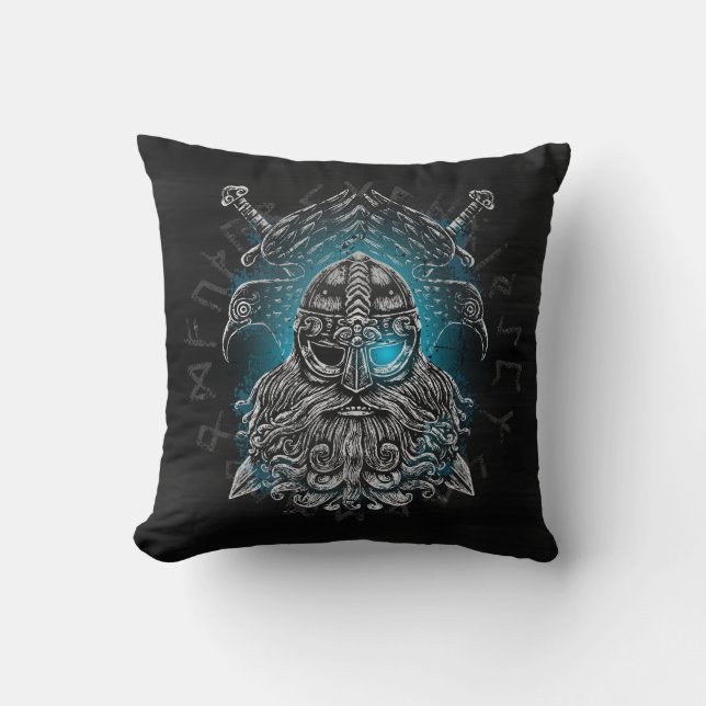 Odin Ravens and Swords Blue Luminous Eye Norse god Cushion (Front)