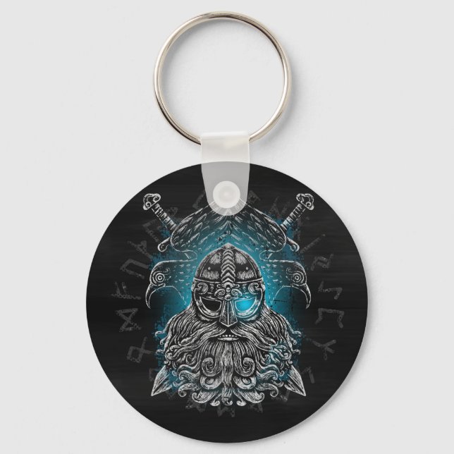 Odin Ravens and Swords Blue Luminous Eye Norse god Key Ring (Front)