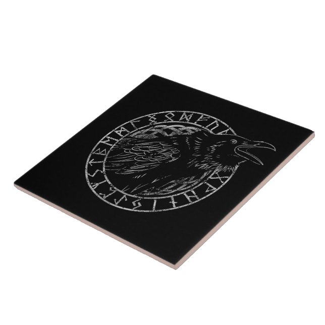 Odin Ravens Huginn Muninn Viking Runic Circle Tile (Side)