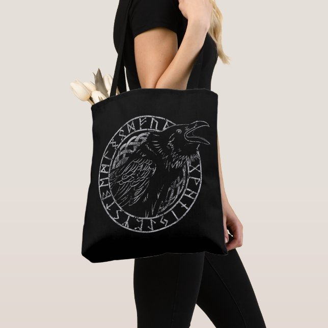 Odin Ravens Huginn Muninn Viking Runic Circle Tote Bag (Close Up)