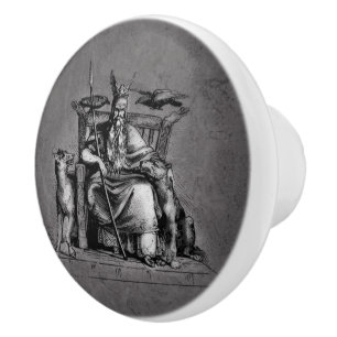 Odin ravens on his stone throne viking mythology ceramic knob