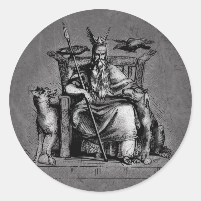Odin ravens on his stone throne viking mythology classic round sticker (Front)
