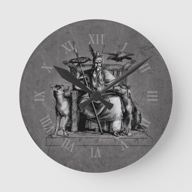 Odin ravens on his stone throne viking mythology round clock (Front)