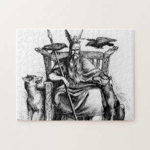 Odin Ravens on Stone Throne Viking Mythology Stone Jigsaw Puzzle
