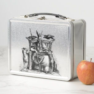 Odin Ravens on Stone Throne Viking Mythology Stone Metal Lunch Box
