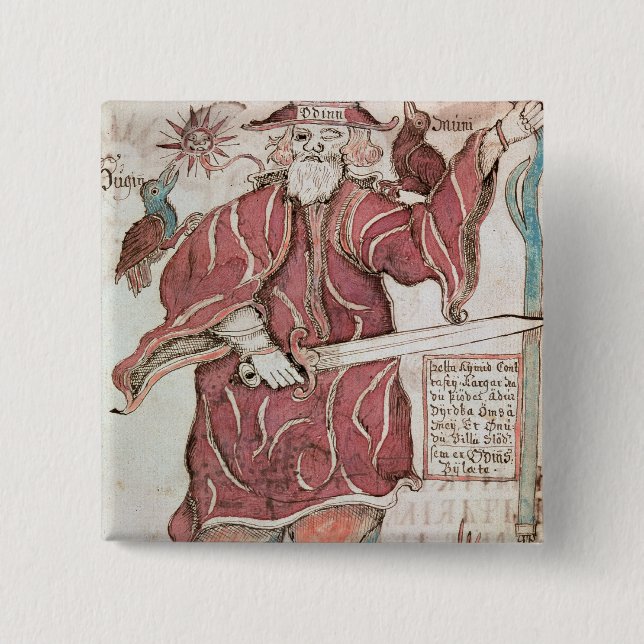 Odin, with his two crows, Hugin  and Munin 15 Cm Square Badge (Front)