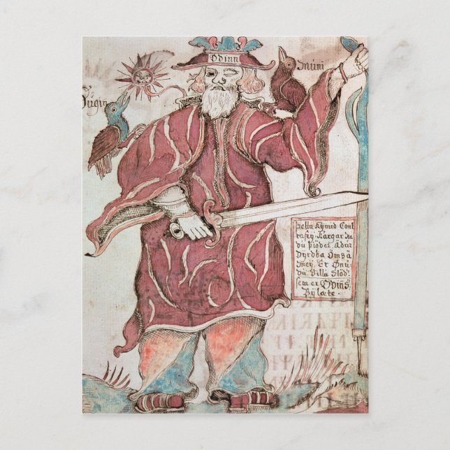 Odin, with his two crows, Hugin  and Munin Postcard (Front)