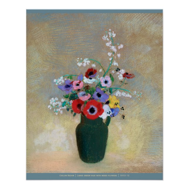 Odlion Redon Large green vase with mixed flowers Poster (Front)